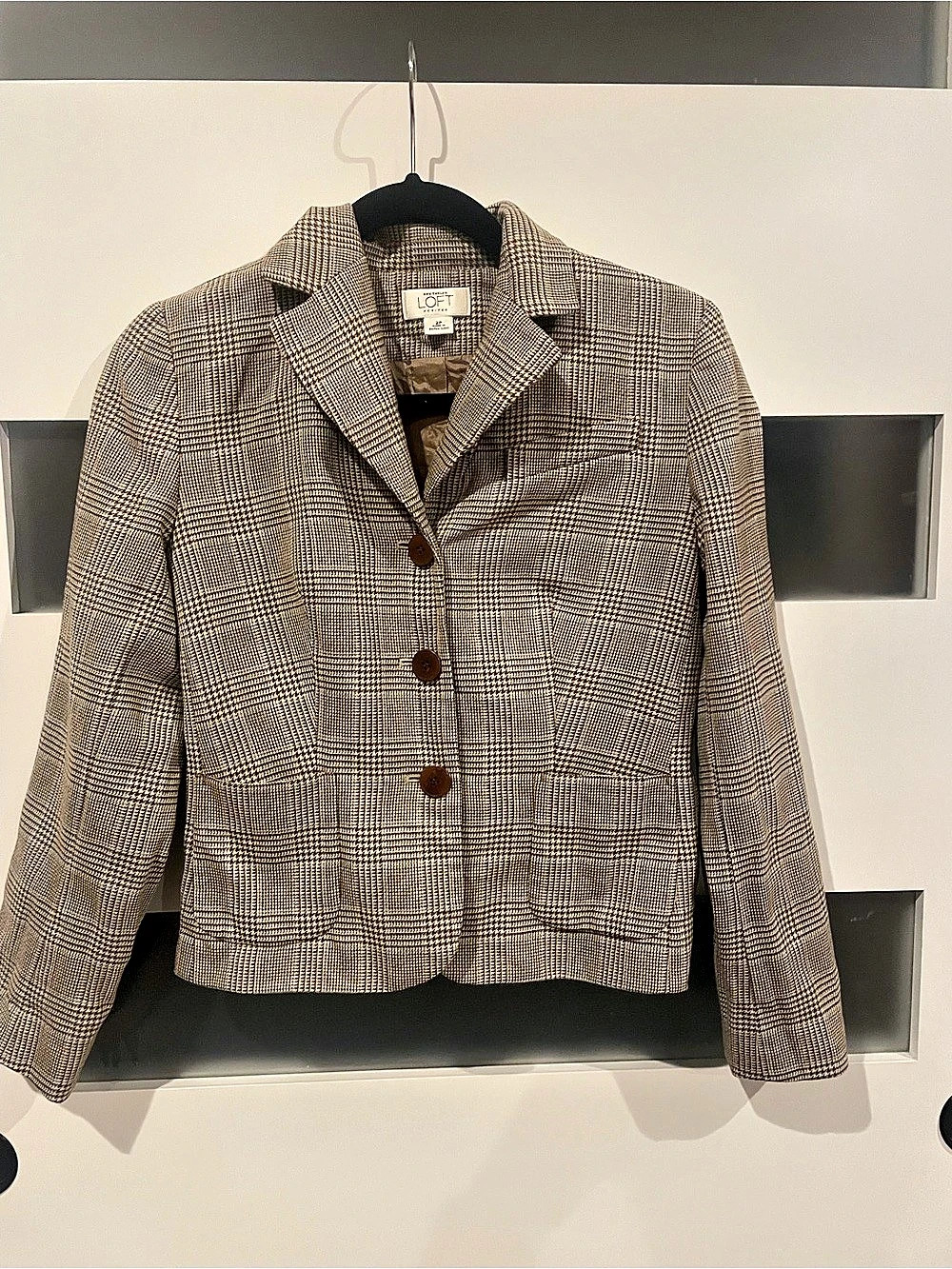Ann Taylor LOFT Plaid Wool Blazer in Brown & White Size 2P
